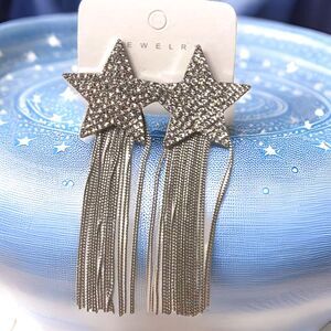 New Barbie Dallas‎ Cowboy Silver Rhinestone Star Tassle Dangle Chain Earrings